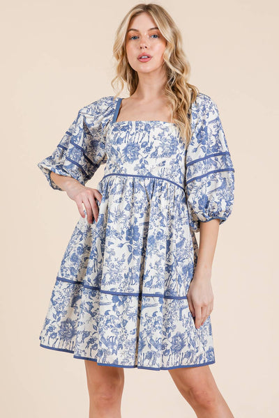 GeeGee Clothing - Floral Tiered Mini Dress, MD51614: Cream/Blue / M