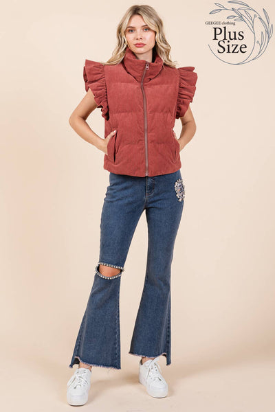 GeeGee Clothing - Plus Corduroy Ruffled Sleeve Puffer Vest, MJ50697PL: Cream / 2XL