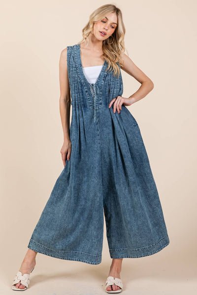 GeeGee Clothing - Denim Pleated Jumpsuit, OR51131: Denim / L
