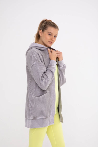 Mono B - Waffle Knit Mineral-Washed Cardigan: BLACK / S:M:L (2:2:2)