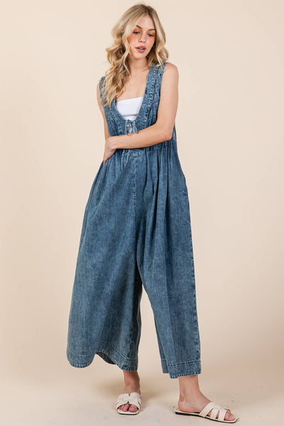 GeeGee Clothing - Plus Denim Pleated Jumpsuit, OR51131PL: Denim / 1XL
