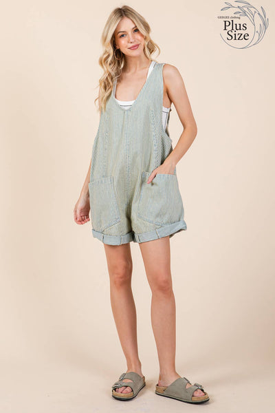GeeGee Clothing - Plus Stripe Denim Shortalls/Romper, OR51044PL: Denim Blue / 3XL