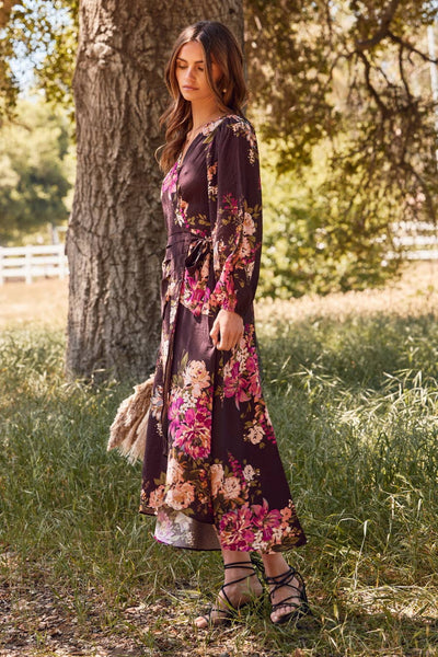 Oddi - Floral Printed Wrapped Midi Dress: Brown Multi / S