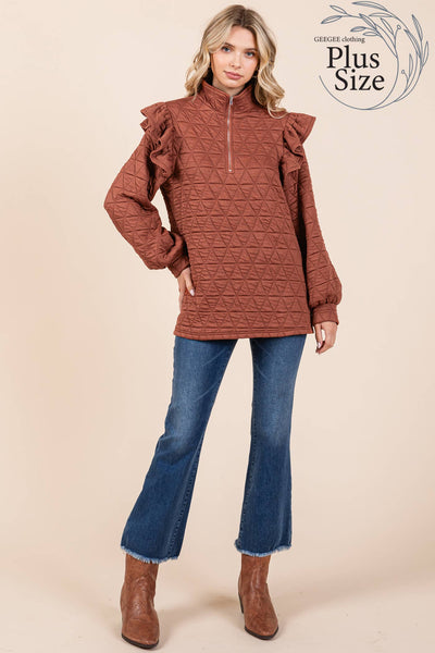 GeeGee Clothing - Plus Quilted Half-Zip Pullover Top, MT50766PL: Cream / 2XL