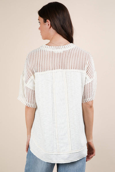 VERY J - NT12088-Oversized Contrast Knit Comfy Casual Top: IVORY / S-M-L/2-2-2