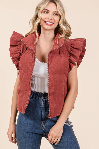 GeeGee Clothing - Corduroy Ruffled Sleeve Puffer Vest, MJ50697: Cream / S