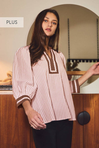 Oddi - Plus Striped Woven Blouse: Navy / Plus Size / 2XL