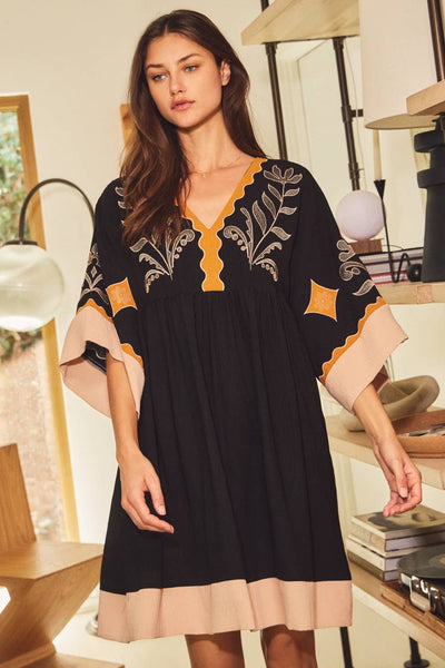 Oddi - Embroidered Plunge V Neck Mini Dress: Olive Combo / L