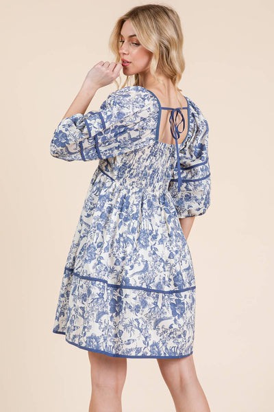 GeeGee Clothing - Floral Tiered Mini Dress, MD51614: Cream/Blue / L