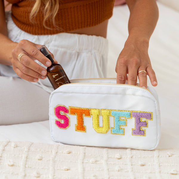 Natalia - Preppy Nylon Chenille Letter Travel Makeup Pouch - STUFF