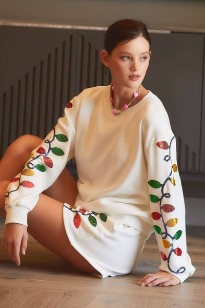 Main Strip - Christmas Light Sequin EMB fleece Top