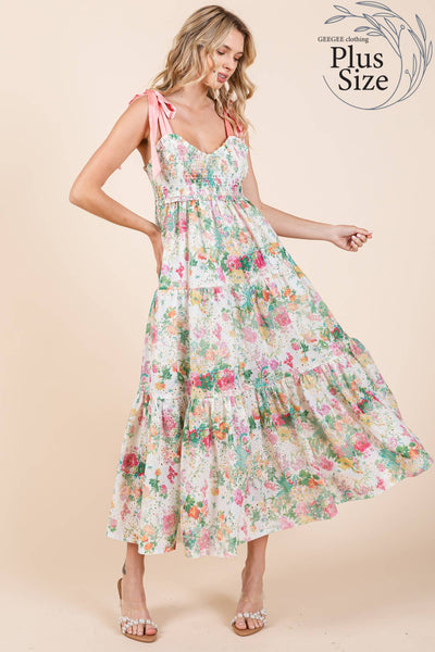 GeeGee Clothing - Plus Floral Eyelet Midi Sundress, MD50542PL: Ivory Multi / 2XL
