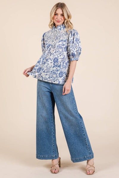 GeeGee Clothing - Nature Half Button-Up Blouse, MT51612: Cream/Blue / L