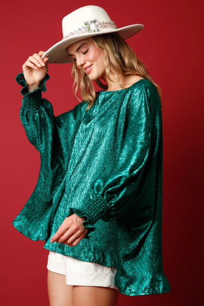 Fantastic Fawn Green Crinkle Foil Loose Fit Blouse