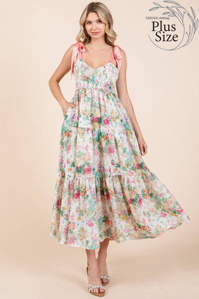 GeeGee Clothing - Plus Floral Eyelet Midi Sundress, MD50542PL: Ivory Multi / 1XL