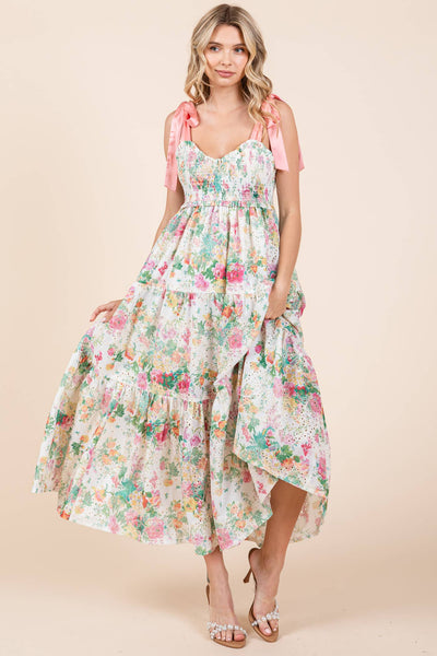 GeeGee Clothing - Floral Eyelet Midi Sundress, MD50542: Ivory Multi / M