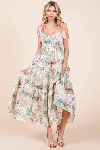GeeGee Clothing - Floral Eyelet Midi Sundress, MD50542: Ivory Multi / S