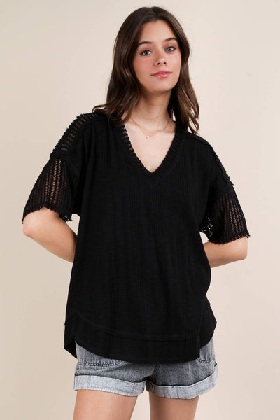 VERY J - NT12088X-PLUS SIZE Oversized Contrast Knit Comfy Casual Top: IVORY / 1XL-2XL-3XL/3-2-1