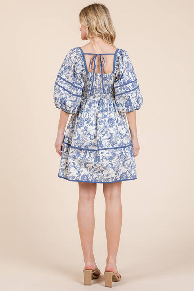 GeeGee Clothing - Plus Floral Tiered Mini Dress, MD51614PL: Cream/Blue / 2XL