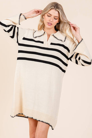 GeeGee Clothing - Stripe Knit Sweater Mini Dress, OD51022: Cream / S