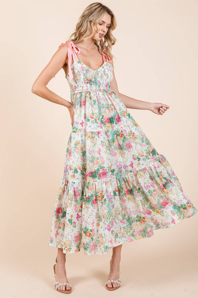 GeeGee Clothing - Floral Eyelet Midi Sundress, MD50542: Ivory Multi / S
