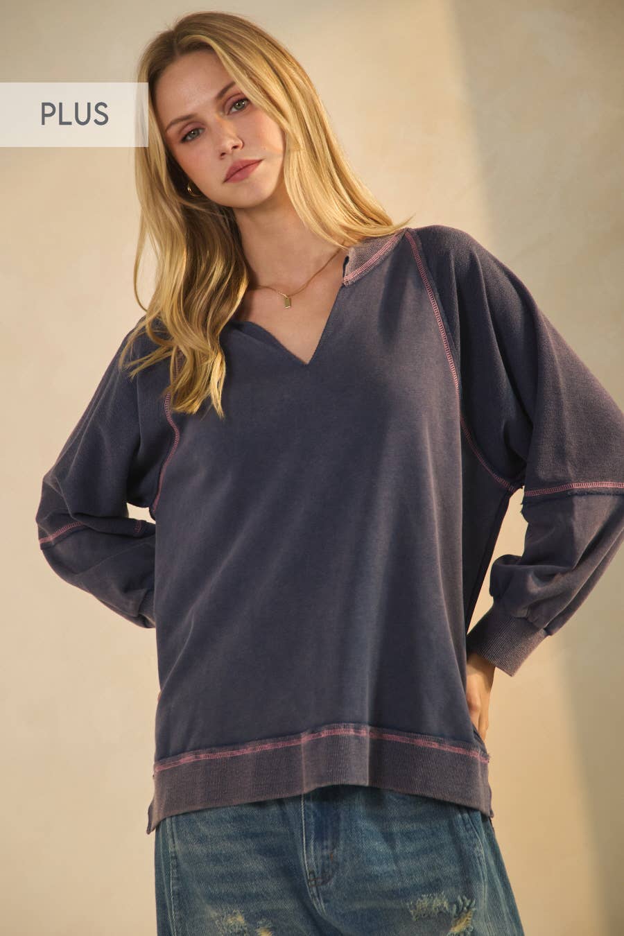 Oddi - Plus Acid Washed Long Sleeve Sweatshirts: Washed Navy / Plus Size / 3XL