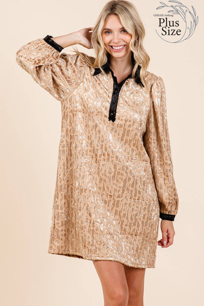 GeeGee Clothing - Plus Velvet Lace Textured Mini Dress, MD51030PL: Taupe / 2XL