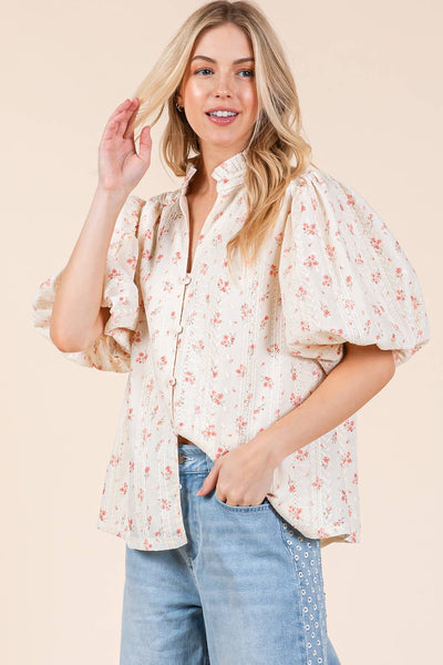 GeeGee Clothing - Plus Floral Eyelet Lace Button Up Blouse, MT51253PL: Cream/Coral / 3XL