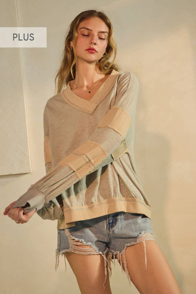 Oddi - Plus V-neck Pullover: Sage Grey Multi / Plus Size / 2XL