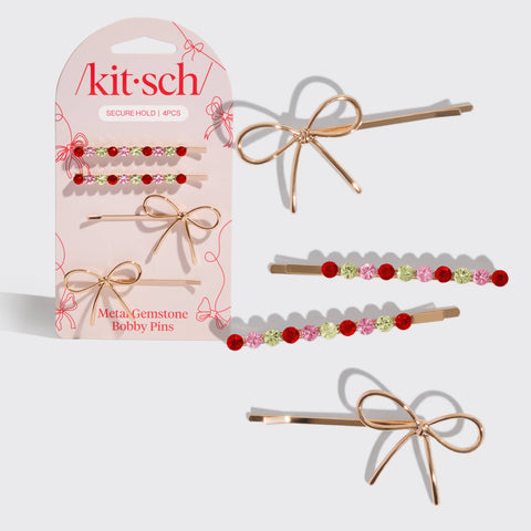 KITSCH - Holiday Gemstone and Bow Bobby Pins 4pc Set