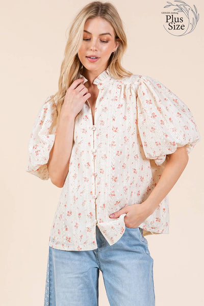 GeeGee Clothing - Plus Floral Eyelet Lace Button Up Blouse, MT51253PL: Cream/Coral / 2XL