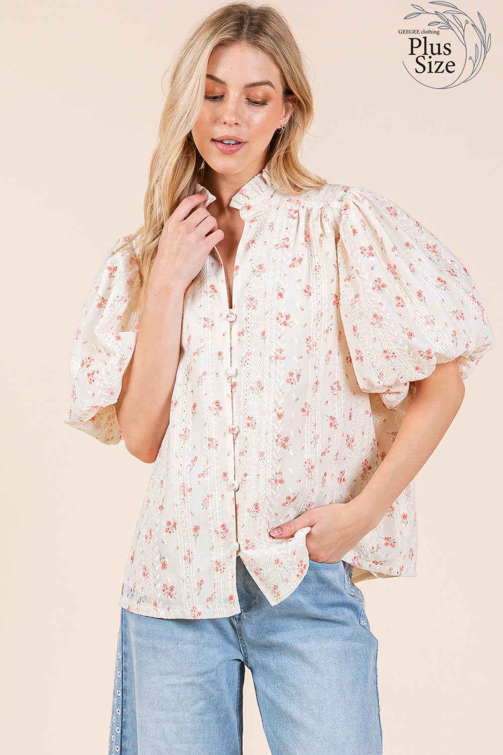 GeeGee Clothing - Plus Floral Eyelet Lace Button Up Blouse, MT51253PL: Cream/Coral / 3XL