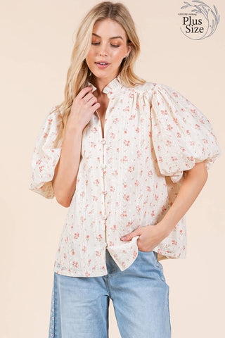GeeGee Clothing - Plus Floral Eyelet Lace Button Up Blouse, MT51253PL: Cream/Coral / 3XL