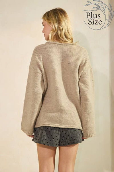 GeeGee x Lovelo - Plus Chunky V-neck Pullover Top OT50703PL: Brown / 2XL