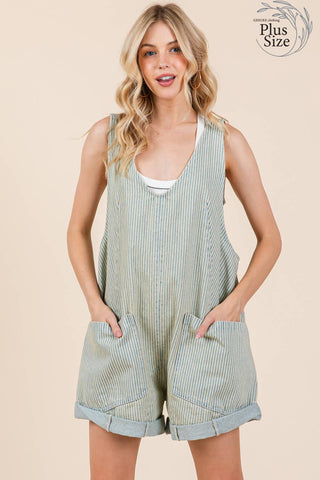 GeeGee Clothing - Plus Stripe Denim Shortalls/Romper, OR51044PL: Denim Blue / 2XL
