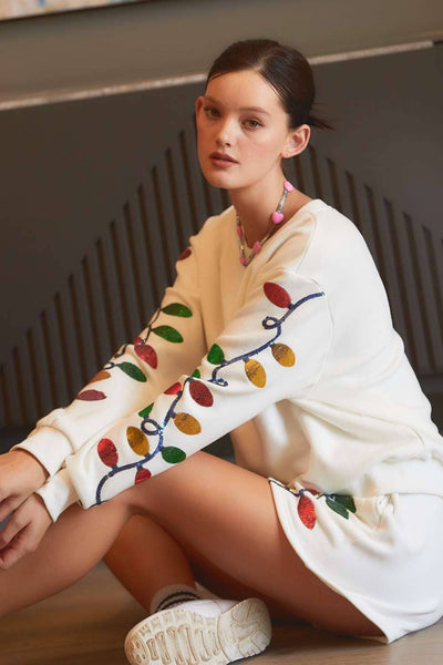 Main Strip - Christmas light Sequin EMB fleece Shorts