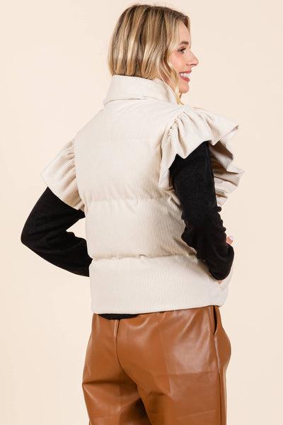 GeeGee Clothing - Corduroy Ruffled Sleeve Puffer Vest, MJ50697: Cream / L