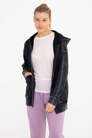 Mono B - Waffle Knit Mineral-Washed Cardigan: BLACK / S:M:L (2:2:2)