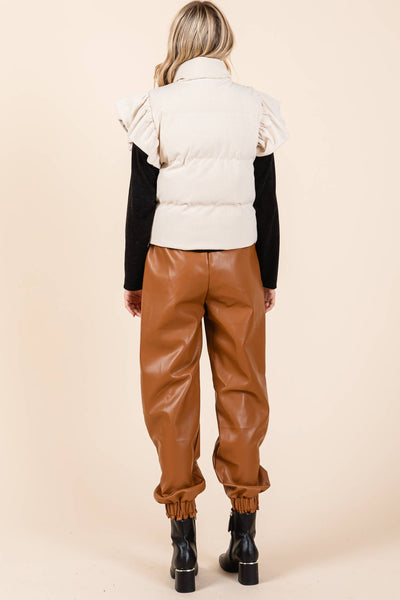 GeeGee Clothing - Corduroy Ruffled Sleeve Puffer Vest, MJ50697: Cream / S