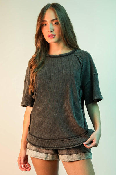 VERY J - NT12086-Mineral Washed Oversized Ribbed Knit Casual Top: DENIM / S-M-L/2-2-2