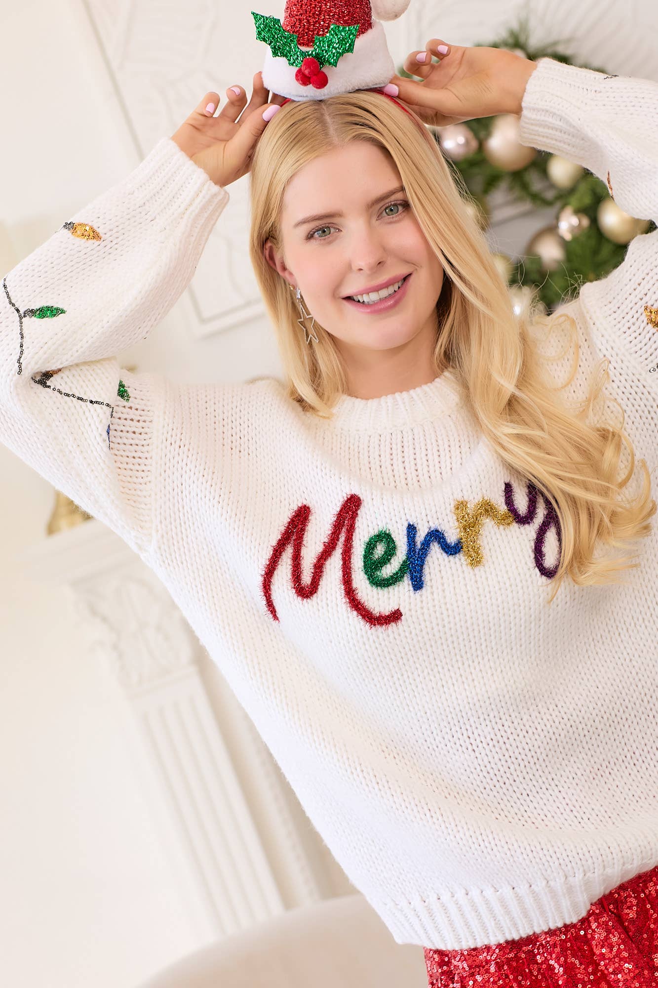Main Strip - Merry Sweater Sequined Christmas Light Sleeves: WHITE / S