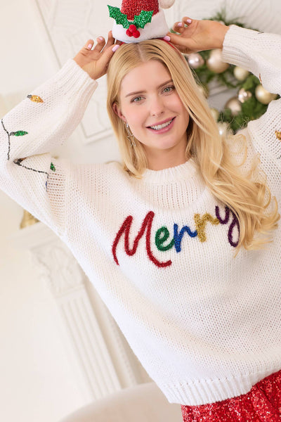 Main Strip - Merry Sweater Sequined Christmas Light Sleeves: WHITE / S