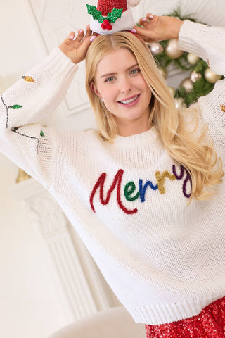 Main Strip - Merry Sweater Sequined Christmas Light Sleeves: WHITE / S