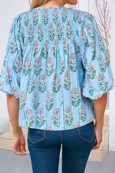 66DISCO - Floral Striped Print Tie Shirred Splie Neck Blouse (S-XL): Blue / Missy / L