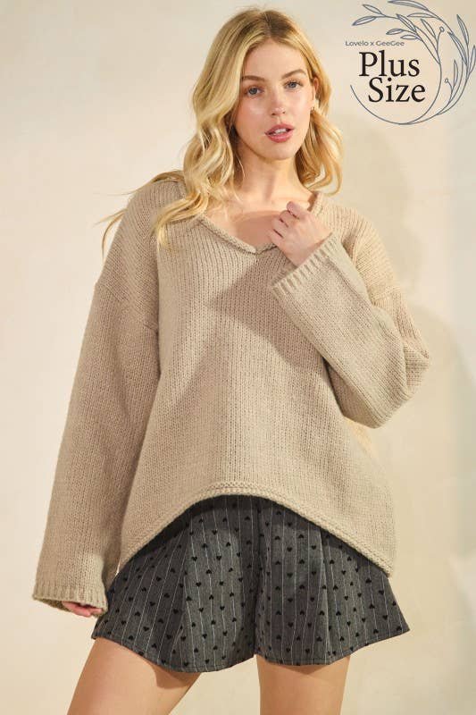 GeeGee x Lovelo - Plus Chunky V-neck Pullover Top OT50703PL: Brown / 2XL