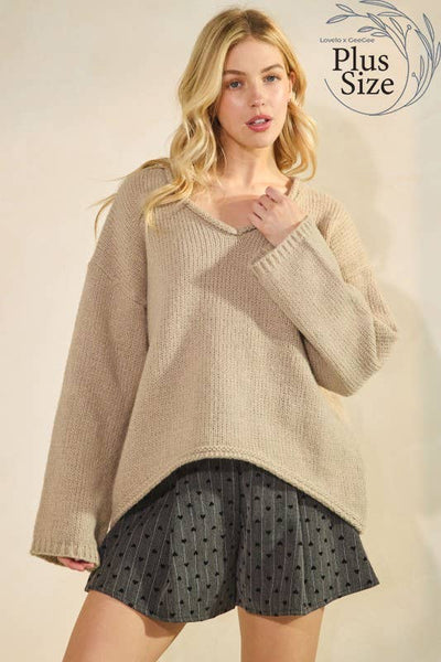 GeeGee x Lovelo - Plus Chunky V-neck Pullover Top OT50703PL: Brown / 2XL