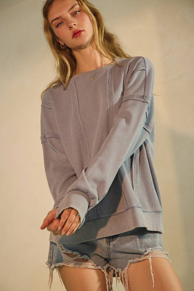 Oddi - Acid Washed Thermal Textured Pullover: Washed Blue / L