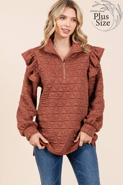 GeeGee Clothing - Plus Quilted Half-Zip Pullover Top, MT50766PL: Cream / 3XL