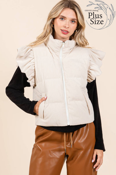 GeeGee Clothing - Plus Corduroy Ruffled Sleeve Puffer Vest, MJ50697PL: Cream / 2XL