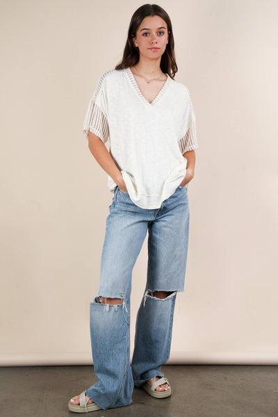 VERY J - NT12088X-PLUS SIZE Oversized Contrast Knit Comfy Casual Top: IVORY / 1XL-2XL-3XL/3-2-1